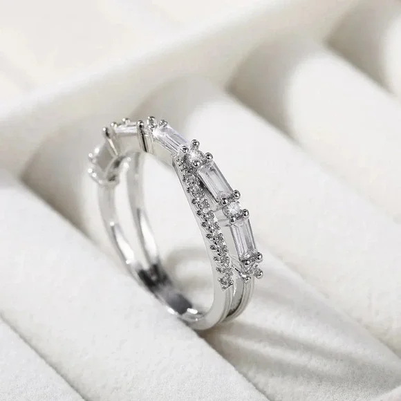 ▶Fashion Party Two Lines Cross CZ Anillos Trendy Silver Rings for Women, L231
